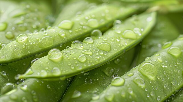 Water droplets are seen in the image of a fresh pea pod, taken at close range