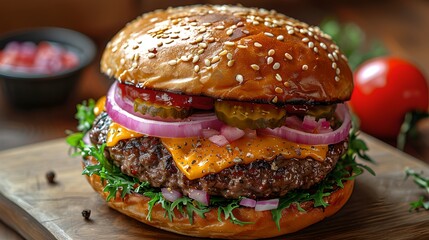 Juicy Cheeseburger on Wooden Board in Rustic Setting. Perfect for Menu and Poster Design. Close-up of Delicious Burger. AI