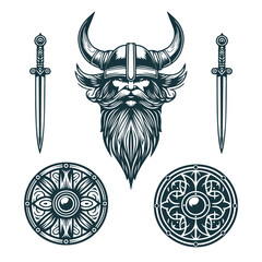 Viking weapon design elements isolated set. Warrior head  in a helmet, two shields and swords. Vector illustration in stamp style for print, tattoo, web and t-shirt
