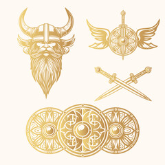 Viking weapon design elements isolated set. Golden warrior head  in a helmet, shields and crossed swords. Scandinavian vector illustration  for print, web and t-shirt