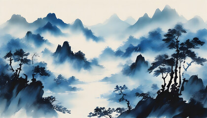 A tranquil Chinese landscape. Abstract art. - obrazy, fototapety, plakaty