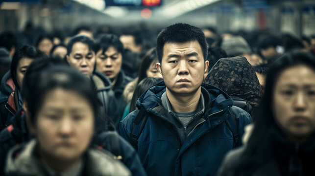 A Chinese Man Stands In A Crowd Of People, Looking Down. Concept Of Loneliness And Isolation, As The Man Is Surrounded By Others But Feels Disconnected From Them. A Chinese Man Stands A Train Station