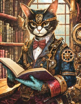 図書館で読書をしている猫00 