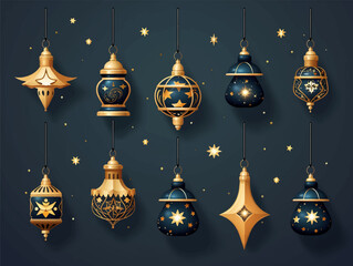 Ramadan Kareem Border, Islamic art Style Background. Symbols of Ramadan Mubarak, Hanging Gold Lanterns, arabic lamps, lanterns moon, star vector and illustration