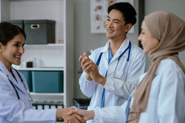 Applause, success with doctors in meeting for presentation, medical and research. Training, healthcare with group of people workshop event for medicine, target or teamwork.