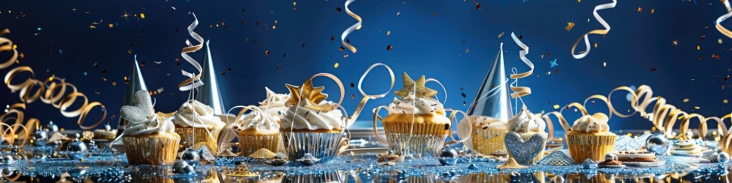 A cascade of shimmering gold and silver ribbons elegantly framing a table filled with delicately frosted cupcakes and festive party hats, against a backdrop of rich royal blue.