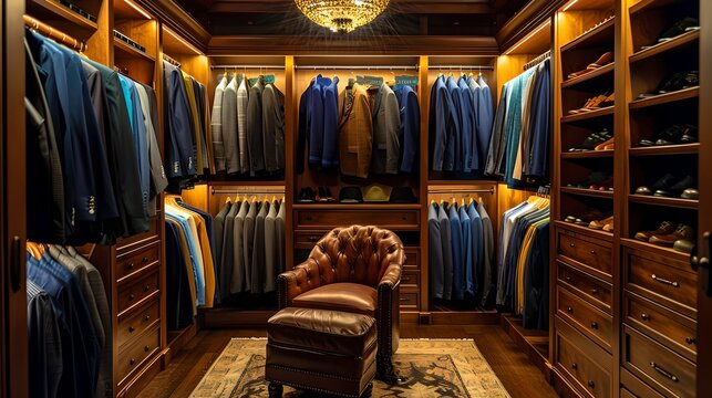 Elegant wooden walk-in closet with luxury clothing. Rich interior design with classic style furniture. Organized wardrobe full of men's clothes. Home interior concept. AI