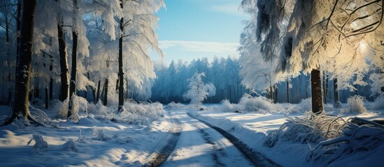 Snowy forest road at daytime
