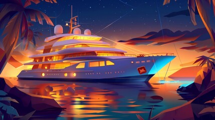 Modern cruise ship with glowing portholes moored in sea harbor at tropical land. Passenger ship on dark water surface at summer, cartoon modern illustration. - obrazy, fototapety, plakaty