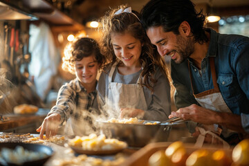 Family Cooking Together in a Rustic Home Kitchen - Powered by Adobe