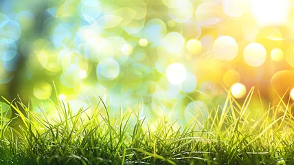  Spring background with green grass and sun light bokeh, copy space for text © Yuwarin