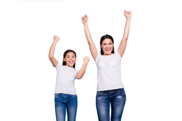 Close up photo cheer two people brown haired mum small little daughter  hands arms high in air glad yelling free sale discount shopping buy buyer wear white t-shirts isolated bright blue background