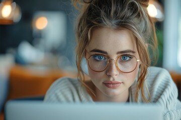 Woman Wearing Glasses Working on Laptop
