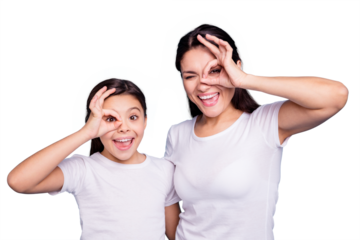 Close up photo beautiful two people brown haired mom little daughter friends look finger specs okey symbol silly screaming shouting wear white t-shirts isolated bright blue background