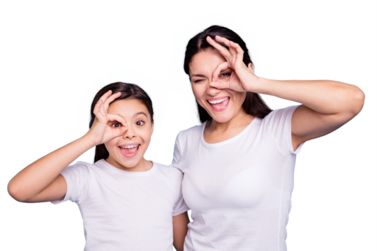 Close up photo beautiful two people brown haired mom little daughter friends look finger specs okey symbol silly screaming shouting wear white t-shirts isolated bright blue background