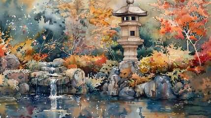 Colorful Japanese garden in watercolor, Generative AI