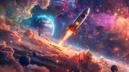 A captivating illustration showcasing a space-themed wallpaper featuring a delightful cartoon rocket exploring an enchanting galaxy filled with vibrant planets