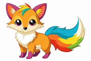 Very cute baby fox, rainbow fur, full body, plain white background