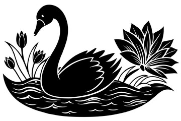 Black and white beautiful view of swan playing water in pond, lotus, sunrise, rim lighting  vector silhouette on white background