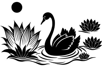 Black and white beautiful view of swan playing water in pond, lotus, sunrise, rim lighting  vector silhouette on white background