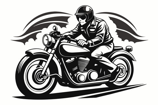 A logo of a man riding a classic Harley Davidson motorbike, low angle view, helmet, black and white