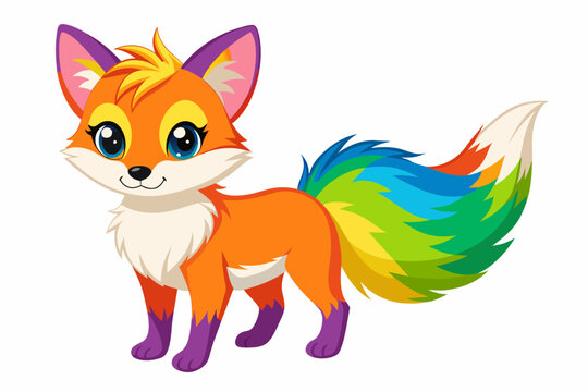 very cute baby fox, rainbow fur, full body, plain white background