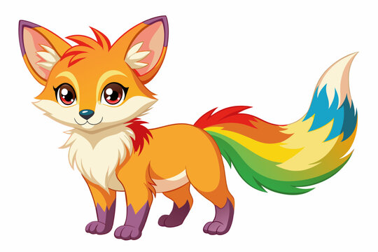 Very cute baby fox, rainbow fur, full body, plain white background