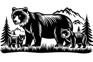 Bear mother with two cubs vector silhouette 