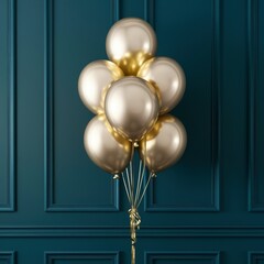 Gold balloons bunch on a black wall background