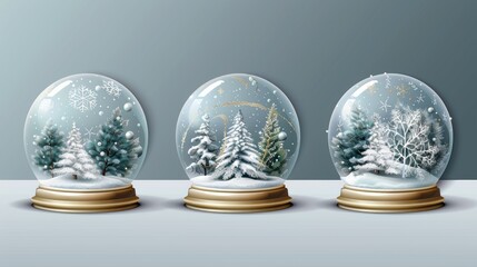 Crystal semisphere containers, isolated silver and gold bases. Festive xmas gift mockup. A collection of realistic 3D moderns.