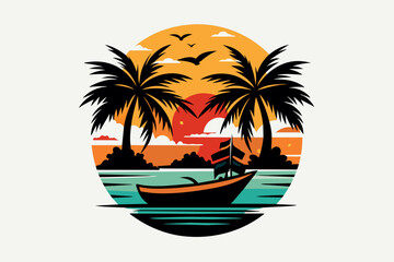 Vector t-shirt design, vector art with black outlines, a small boat with palm trees and a sunset, with a small beach in reflection illustration, white background, clipart