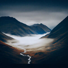 Mist forms in a valley with mountains on either side.