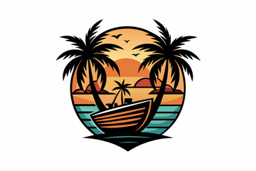 Vector t-shirt design, vector art with black outlines, a small boat with palm trees and a sunset, with a small beach in reflection illustration, white background, clipart