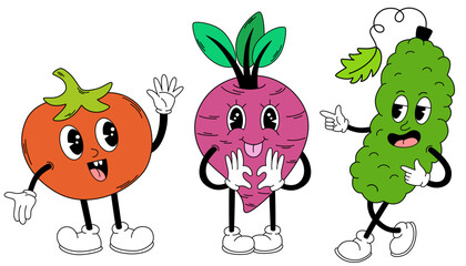 Groovy vegetables set. Hand draw Funny Retro vintage trendy style vegetables cartoon character. Cucumber, tomato, beetroot. Vector doodle comic collection