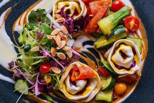 Rainbow cheese tortellini with fresh vegetables and salad