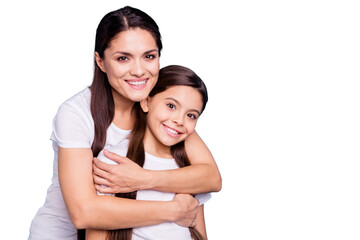 Close up photo pretty two people brown haired mum small little daughter best friends stand hugging...