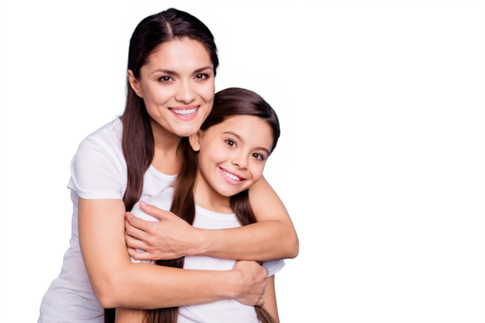 Close up photo pretty two people brown haired mum small little daughter best friends stand hugging piggy back lovely nice free time rejoice wearing white t-shirts isolated on bright blue background