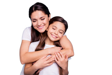 Close up photo pretty two people brown haired mum small little daughter stand hugging piggy back...