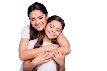 Close up photo pretty two people brown haired mum small little daughter stand hugging piggy back lovely close eyes free time rejoice wearing white t-shirts isolated on bright blue background