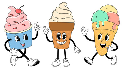 Groovy ice cream set. Hand draw Funny dessert mascot in retro style for caffe. Vector doodle comic collection