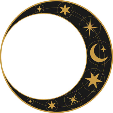 Mystical sticker with golden sun, magical crescents and stars. Sketch tattoo in boho style on a black background. Label with moons and occult symbols