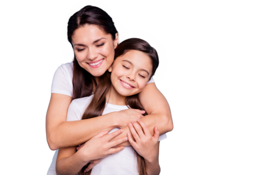 Close up photo pretty two people brown haired mum small little daughter stand hugging piggy back lovely close eyes free time rejoice wearing white t-shirts isolated on bright blue background