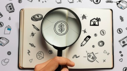 Fototapeta premium A hand holds a magnifying glass in front of a notebook filled with many icons. Financial operations, banking, lending, and so on are highlighted in the money icon.