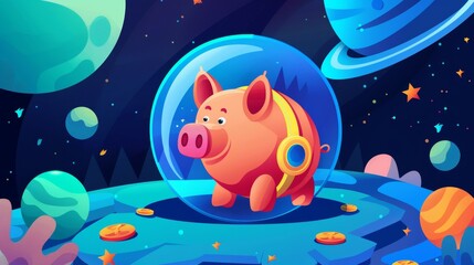 Obraz na płótnie Canvas Financial strategy and retirement savings protection banner. Modern landing page with cartoon illustration of piggy bank in force bubble shield in outer space.