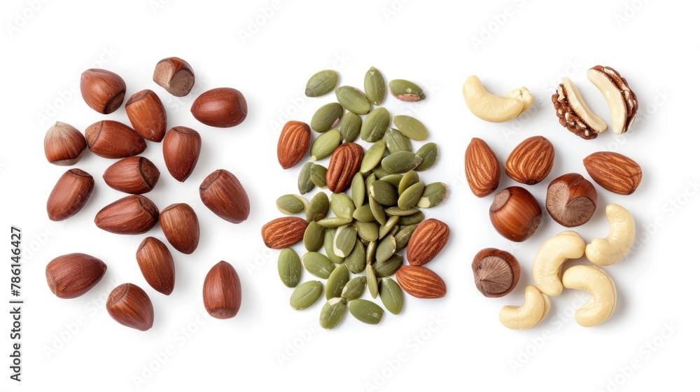 Poster assorted macadamia pecan and almond nuts with green pumpkin seeds set against a white background inc