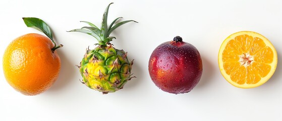 Four fruits lined up on a white background. An orange, a pineapple, a pomegranate, and a sliced orange. - obrazy, fototapety, plakaty