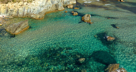 Aerial view on the rocks in the crystal clear sea of southern Sardinia, Italy. The sea is clean with colors ranging from blue to turquoise.