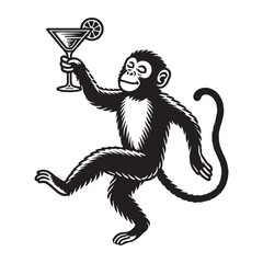 A cheerful dancing monkey with a glass of alcoholic drink in his hand. Vintage retro illustration, emblem logo. Black and white © Victoria