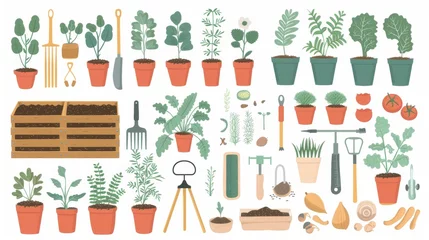 Deurstickers Gardening objects in modern format, including pots, crates, seeds, vegetables, tools and seeds © Антон Сальников