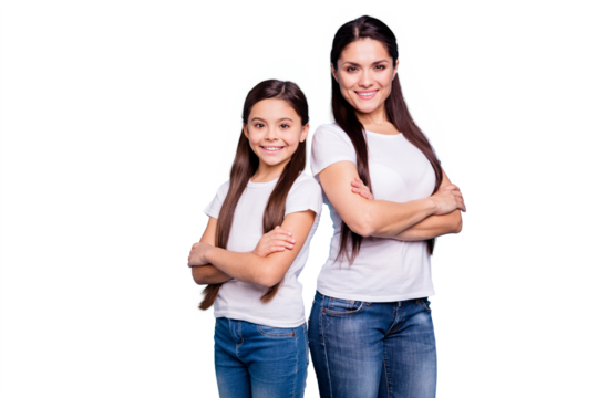 Close up photo pretty two people brown haired mum small little daughter crossed arms self-confidently stand back to back ready win winner family games wear t-shirts isolated bright blue background - Powered by Adobe